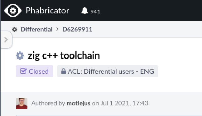 A diff titled "zig c++ toolchain". Started in July 1, 2021