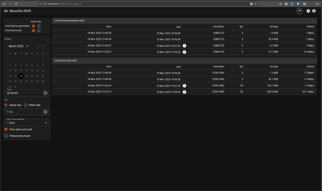 Moonfire-NVR web dialog with a list of recordings