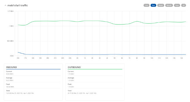 4G router traffic showing a constant 1.15GB/h uplink